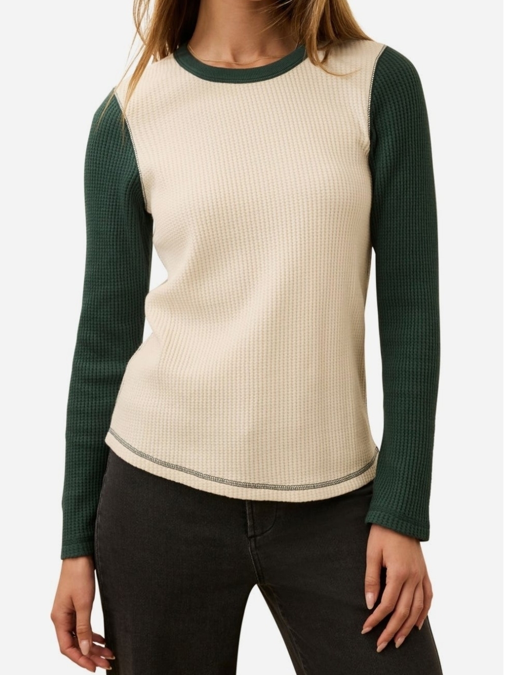 Waffle-Knit 100% Cotton Long Sleeve Crewneck Top in Cream and Forest Green